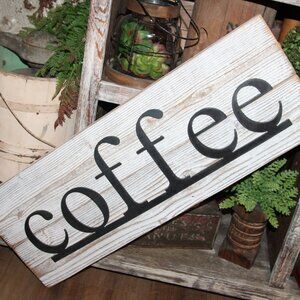 NEW Lrg Rustic Distressed Farmhouse Wood & Steel COFFEE Kitchen Wall Decor Sign